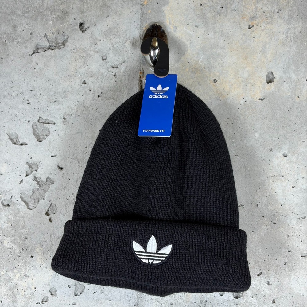 Adidas Unisex Trefoil Beanie Cap Black White Knit Cuffed Logo Hat 015517 NEW